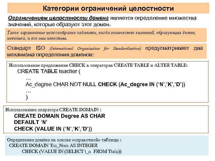 Категории ограничений целостности Ограничением целостности домена является определение множества значений, которые образуют этот домен.
