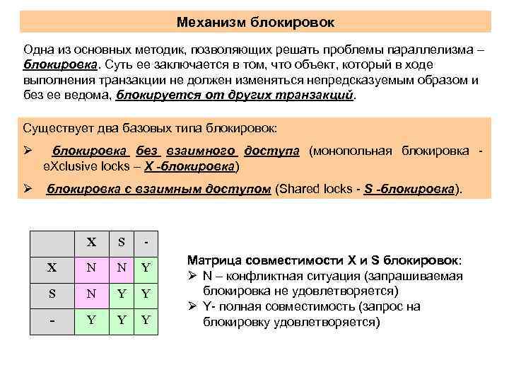 Механизм блокировок Одна из основных методик, позволяющих решать проблемы параллелизма – блокировка. Суть ее