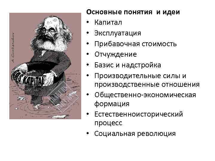 Основные понятия и идеи • Капитал • Эксплуатация • Прибавочная стоимость • Отчуждение •