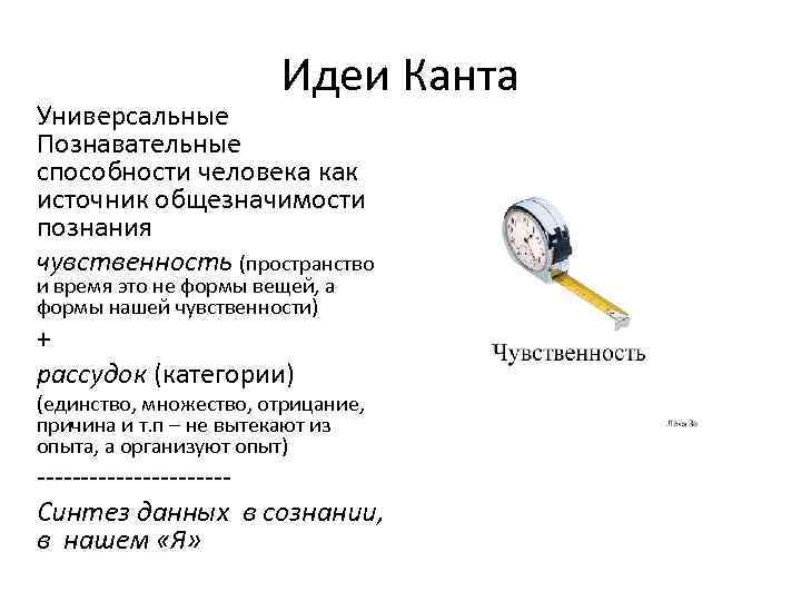 Идеи Канта Универсальные Познавательные способности человека как источник общезначимости познания чувственность (пространство и время