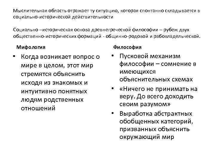 Мыслительная область отражает ту ситуацию, которая спонтанно складывается в социально-исторической действительности Социально –историческая основа