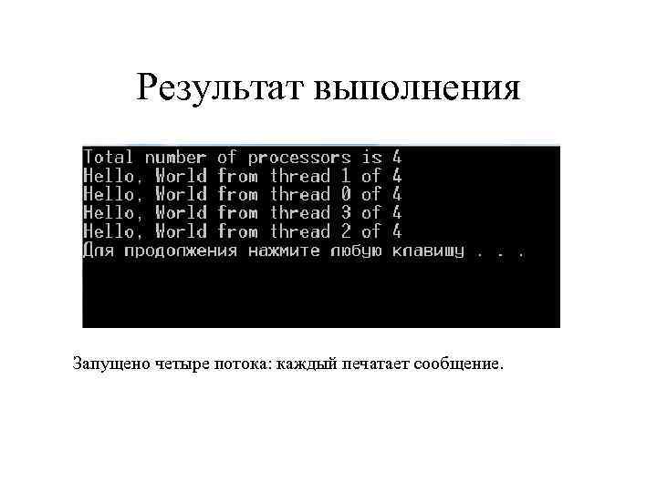Результат выполнения Запущено четыре потока: каждый печатает сообщение. 