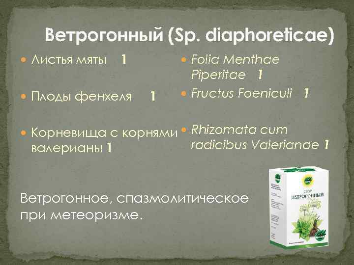 Ветрогонный (Sp. diaphoreticae) Листья мяты 1 Плоды фенхеля Folia Menthae 1 Piperitae 1 Fructus