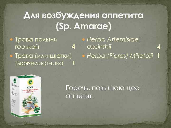 Для возбуждения аппетита (Sp. Amarae) Трава полыни Неrbа Artemisiae горькой 4 absinthii 4 Трава