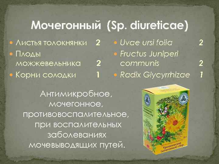 Мочегонный (Sp. diureticae) Листья толокнянки Плоды можжевельника Корни солодки 2 2 1 Uvae ursi