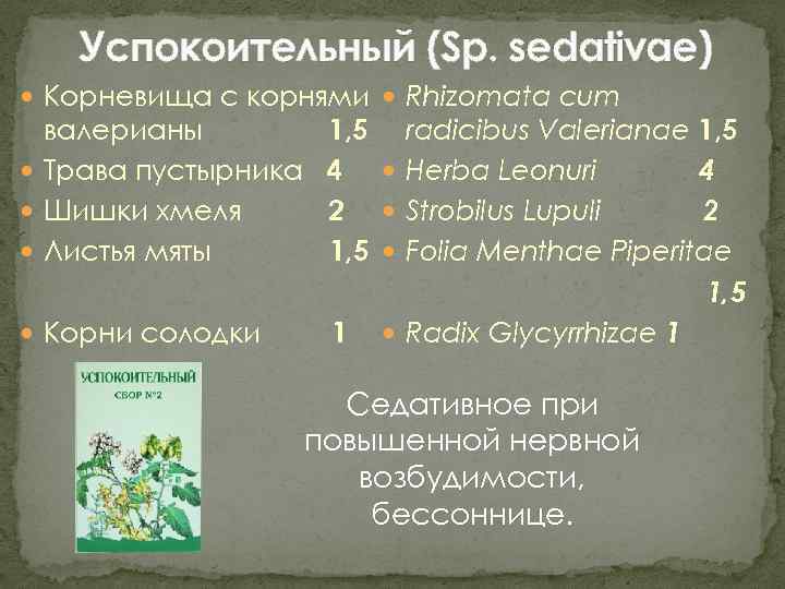 Успокоительный (Sp. sedativae) Корневища с корнями Rhizomata cum валерианы Трава пустырника Шишки хмеля Листья