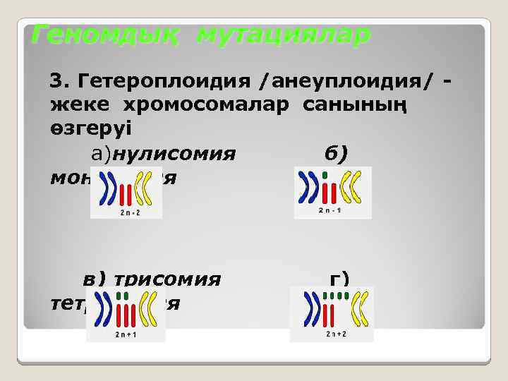 Геномдық мутациялар 3. Гетероплоидия /анеуплоидия/ жеке хромосомалар санының өзгеруі а)нулисомия б) моносомия в) трисомия