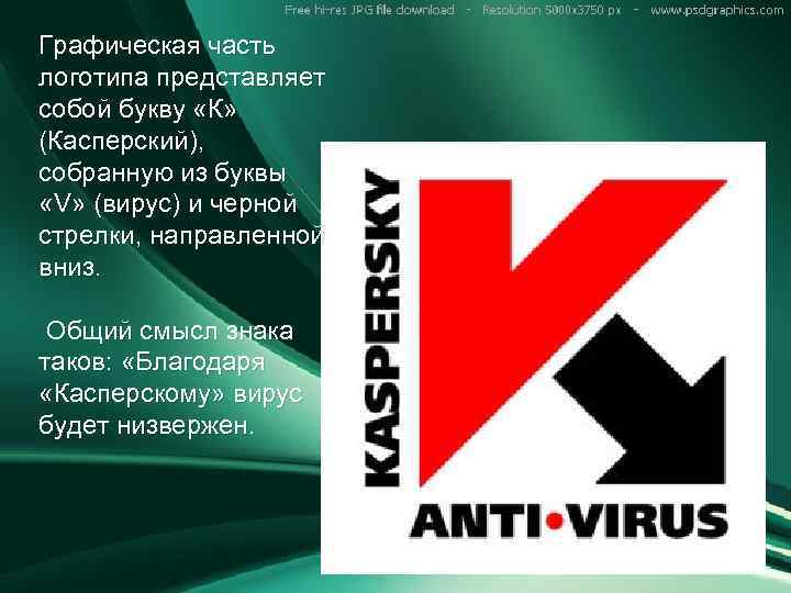 Графическая часть логотипа представляет собой букву «К» (Касперский), собранную из буквы «V» (вирус) и