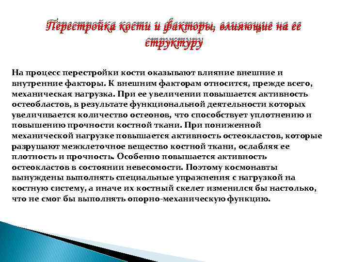 Перестройка кости и факторы, влияющие на ее структуру На процесс перестройки кости оказывают влияние