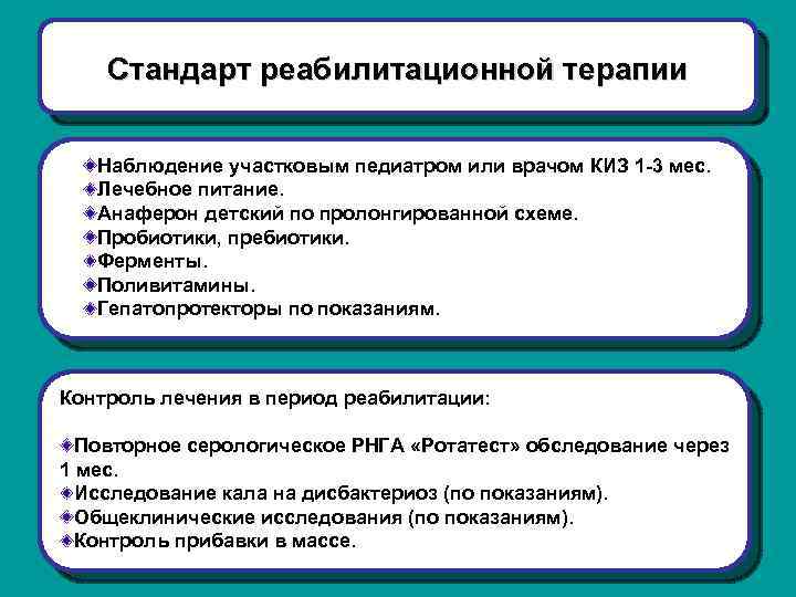 Стандарт реабилитационной терапии Наблюдение участковым педиатром или врачом КИЗ 1 -3 мес. Лечебное питание.