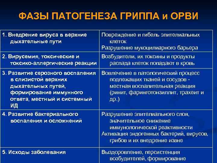 ФАЗЫ ПАТОГЕНЕЗА ГРИППА и ОРВИ 1. Внедрение вируса в верхние дыхательные пути Повреждение и