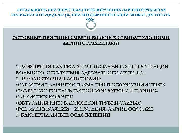  ЛЕТАЛЬНОСТЬ ПРИ ВИРУСНЫХ СТЕНОЗИРУЮЩИХ ЛАРИНГОТРАХЕИТАХ КОЛЕБЛЕТСЯ ОТ 0, 03% ДО 5%, ПРИ ЕГО