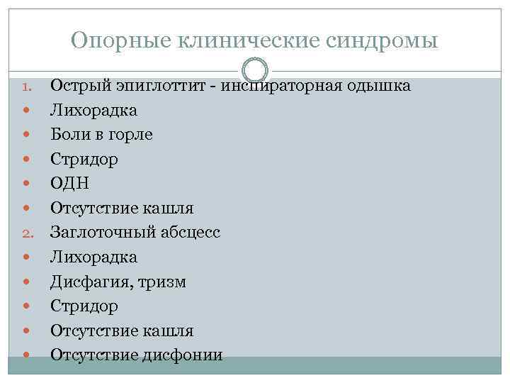 Опорные клинические синдромы Острый эпиглоттит - инспираторная одышка Лихорадка Боли в горле Стридор ОДН