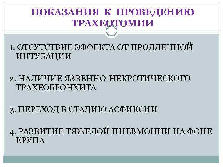 ПОКАЗАНИЯ К ПРОВЕДЕНИЮ ТРАХЕОТОМИИ 1. ОТСУТСТВИЕ ЭФФЕКТА ОТ ПРОДЛЕННОЙ ИНТУБАЦИИ 2. НАЛИЧИЕ ЯЗВЕННО-НЕКРОТИЧЕСКОГО ТРАХЕОБРОНХИТА