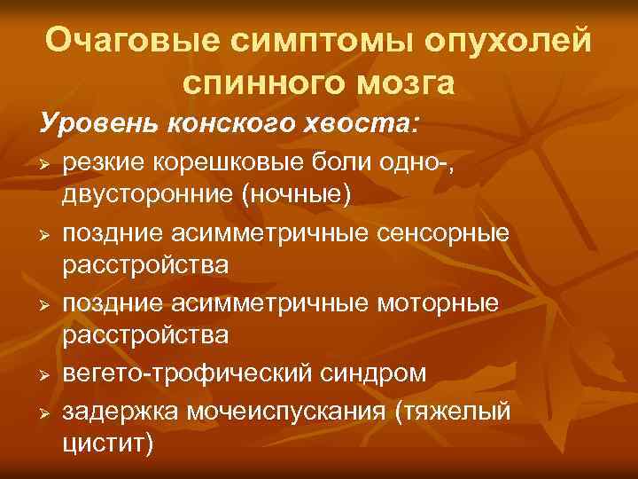 Очаговые симптомы опухолей спинного мозга Уровень конского хвоста: Ø Ø Ø резкие корешковые боли