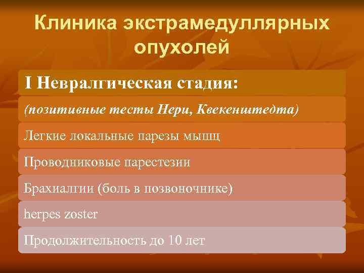 Клиника экстрамедуллярных опухолей I Невралгическая стадия: (позитивные тесты Нери, Квекенштедта) Легкие локальные парезы мышц