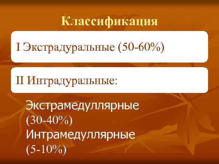 Классификация I Экстрадуральные (50 -60%) II Интрадуральные: Экстрамедуллярные (30 -40%) Интрамедуллярные (5 -10%) 