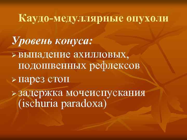 Каудо-медуллярные опухоли Уровень конуса: Ø выпадение ахилловых, подошвенных рефлексов Ø парез стоп Ø задержка