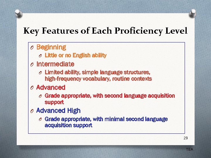 Key Features of Each Proficiency Level O Beginning O Little or no English ability