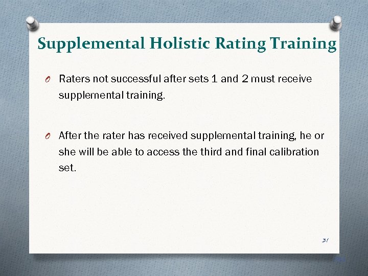 Supplemental Holistic Rating Training O Raters not successful after sets 1 and 2 must