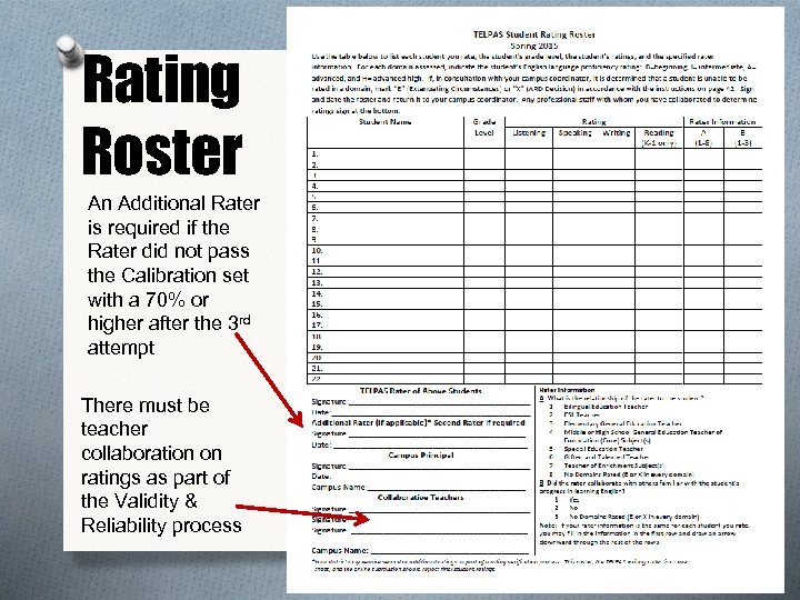 Rating Roster An Additional Rater is required if the Rater did not pass the