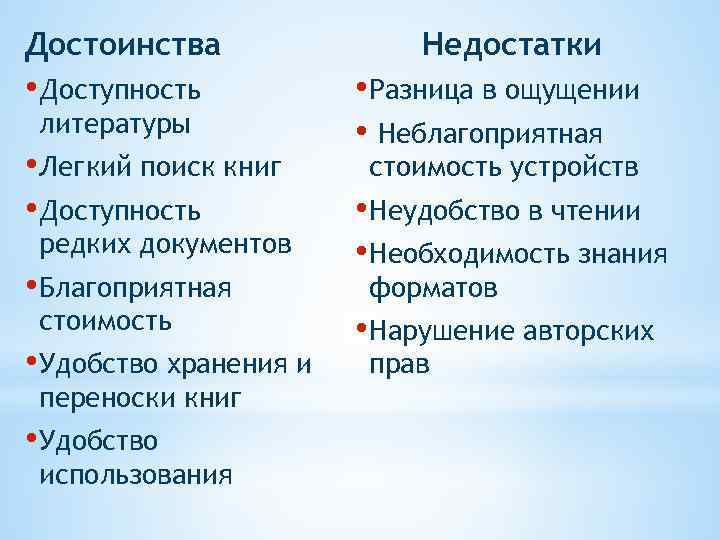 Достоинства • Доступность литературы • Легкий поиск книг • Доступность редких документов • Благоприятная