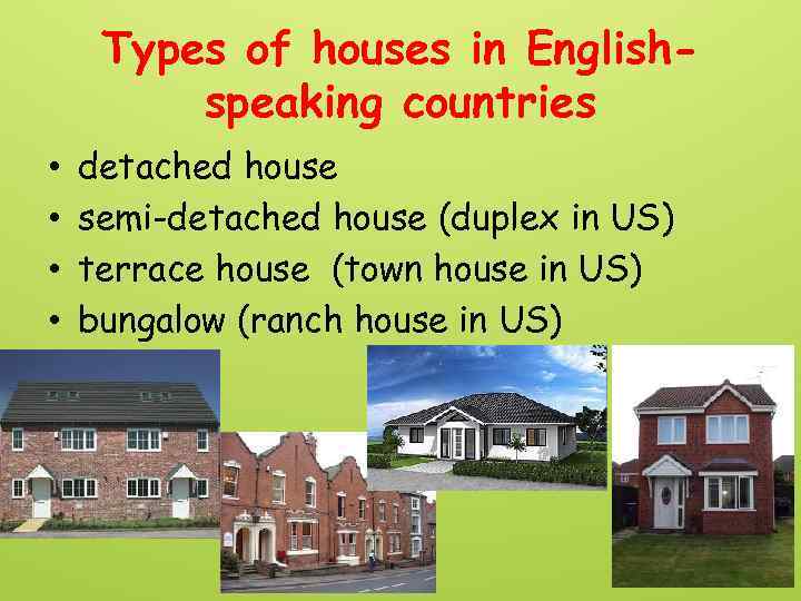Types of houses in Englishspeaking countries • • detached house semi-detached house (duplex in