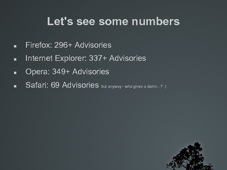 Let's see some numbers Firefox: 296+ Advisories Internet Explorer: 337+ Advisories Opera: 349+ Advisories