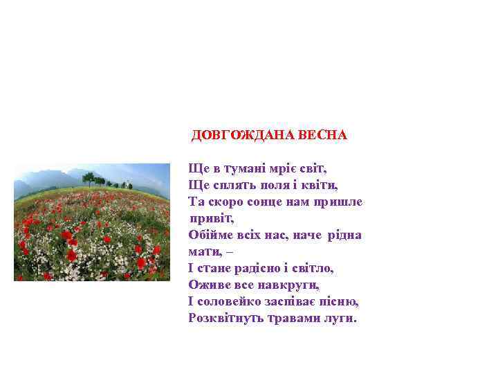  ДОВГОЖДАНА ВЕСНА Ще в тумані мріє світ, Ще сплять поля і квіти, Та