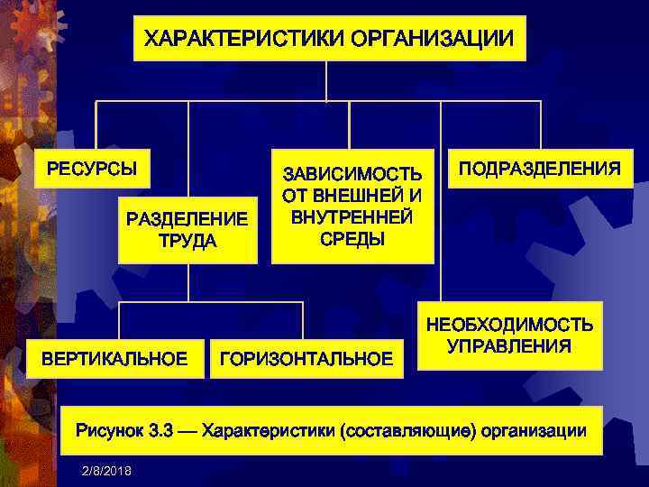 ХАРАКТЕРИСТИКИ ОРГАНИЗАЦИИ РЕСУРСЫ РАЗДЕЛЕНИЕ ТРУДА ВЕРТИКАЛЬНОЕ ЗАВИСИМОСТЬ ОТ ВНЕШНЕЙ И ВНУТРЕННЕЙ СРЕДЫ ГОРИЗОНТАЛЬНОЕ ПОДРАЗДЕЛЕНИЯ