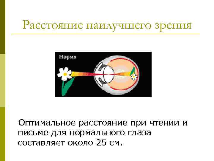 Расстояние наилучшего зрения Оптимальное расстояние при чтении и письме для нормального глаза составляет около