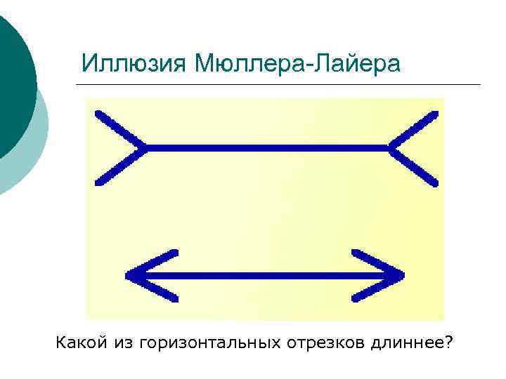 Иллюзия Мюллера-Лайера Какой из горизонтальных отрезков длиннее? 