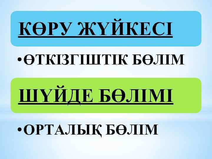 КӨРУ ЖҮЙКЕСІ • ӨТКІЗГІШТІК БӨЛІМ ШҮЙДЕ БӨЛІМІ • ОРТАЛЫҚ БӨЛІМ 