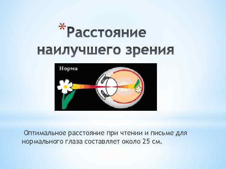 * Оптимальное расстояние при чтении и письме для нормального глаза составляет около 25 см.