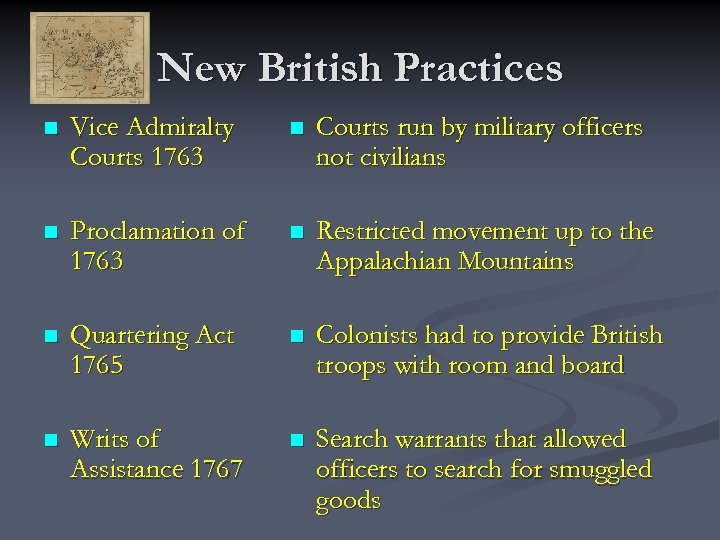 New British Practices n Vice Admiralty Courts 1763 n Courts run by military officers