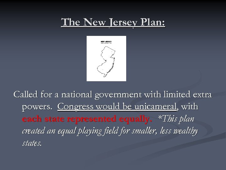 The New Jersey Plan: Called for a national government with limited extra powers. Congress