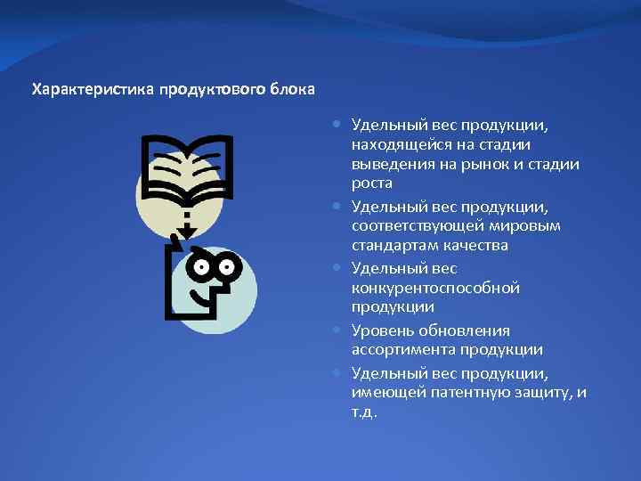 Характеристика продуктового блока Удельный вес продукции, находящейся на стадии выведения на рынок и стадии