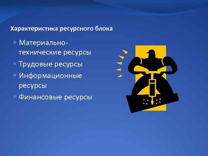 Характеристика ресурсного блока Материальнотехнические ресурсы Трудовые ресурсы Информационные ресурсы Финансовые ресурсы 
