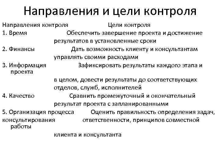 Направления и цели контроля Направления контроля Цели контроля 1. Время Обеспечить завершение проекта и