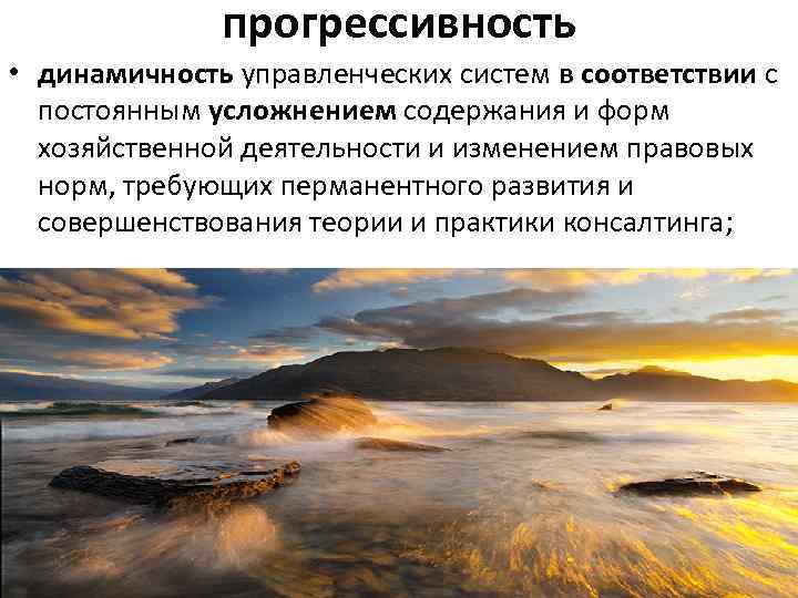 прогрессивность • динамичность управленческих систем в соответствии с постоянным усложнением содержания и форм хозяйственной