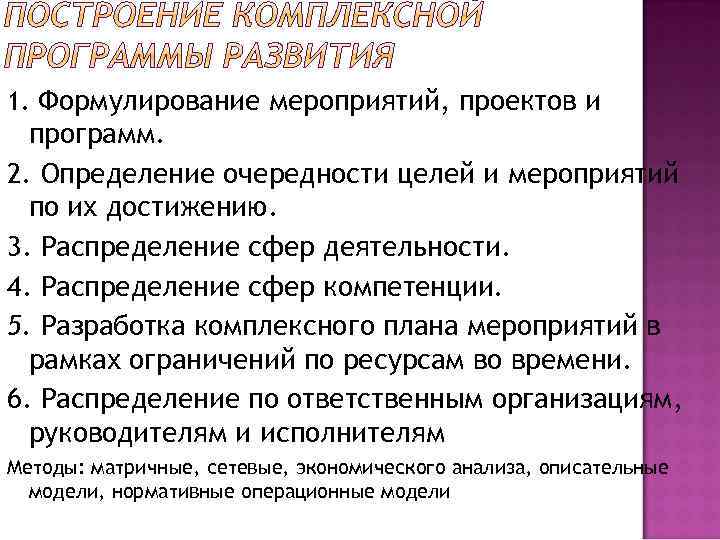 1. Формулирование мероприятий, проектов и программ. 2. Определение очередности целей и мероприятий по их