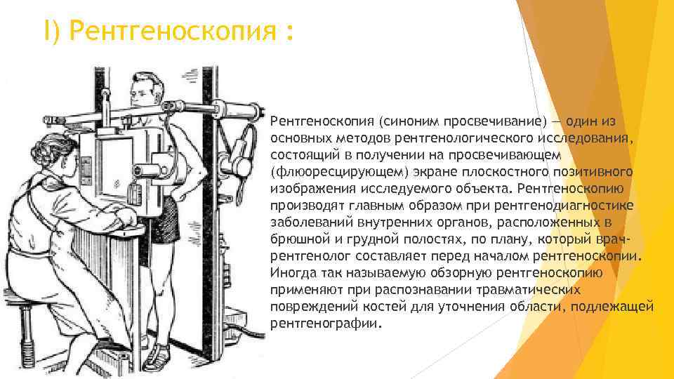 I) Рентгеноскопия : Рентгеноскопия (синоним просвечивание) — один из основных методов рентгенологического исследования, состоящий
