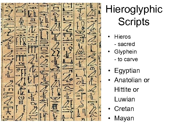 Hieroglyphic Scripts • Hieros - sacred • Glyphein - to carve • Egyptian •