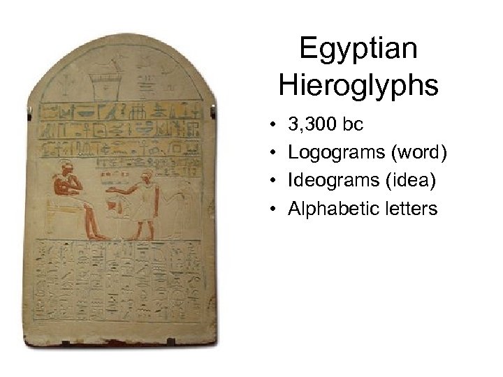 Egyptian Hieroglyphs • • 3, 300 bc Logograms (word) Ideograms (idea) Alphabetic letters 