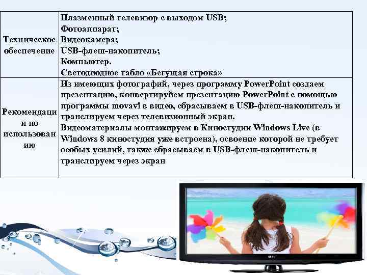 Плазменный телевизор с выходом USB; Фотоаппарат; Техническое Видеокамера; обеспечение USB-флеш-накопитель; Компьютер. Светодиодное табло «Бегущая