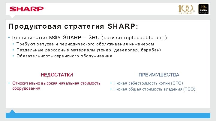 Продуктовая стратегия SHARP: • Большинство МФУ SHARP – SRU (service replaceable unit) • Требуют