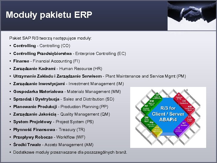 Moduły pakietu ERP Pakiet SAP R/3 tworzą następujące moduły: • Controlling - Controlling (CO)