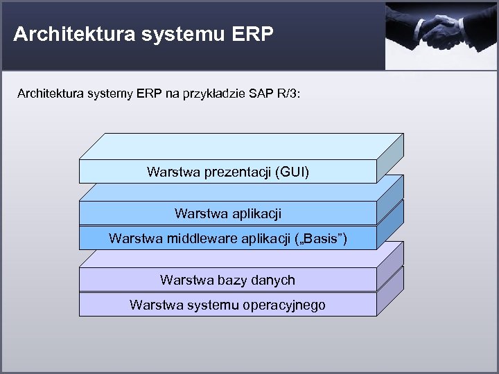 Architektura systemu ERP Architektura systemy ERP na przykładzie SAP R/3: Warstwa prezentacji (GUI) Warstwa