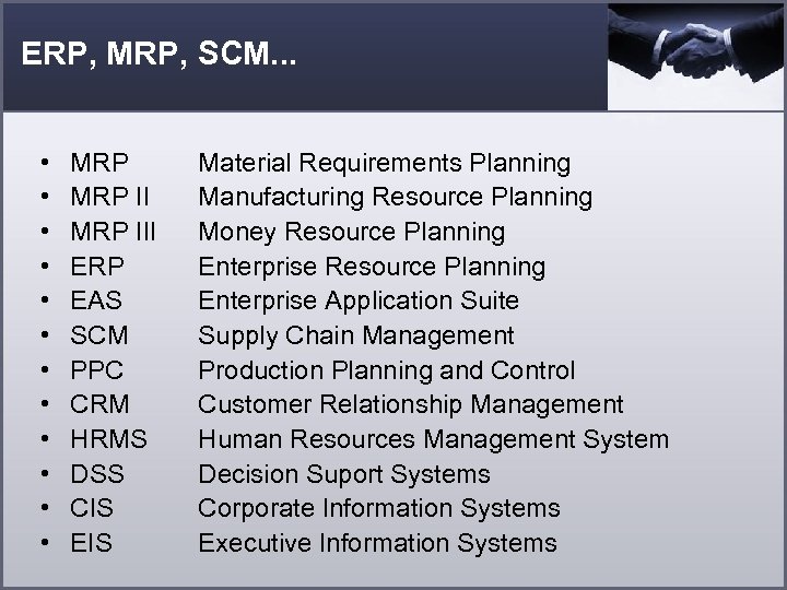 ERP, MRP, SCM. . . • • • MRP III ERP EAS SCM PPC