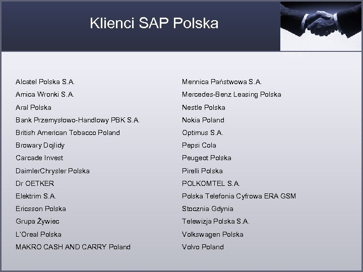 Klienci SAP Polska Alcatel Polska S. A. Mennica Państwowa S. A. Amica Wronki S.